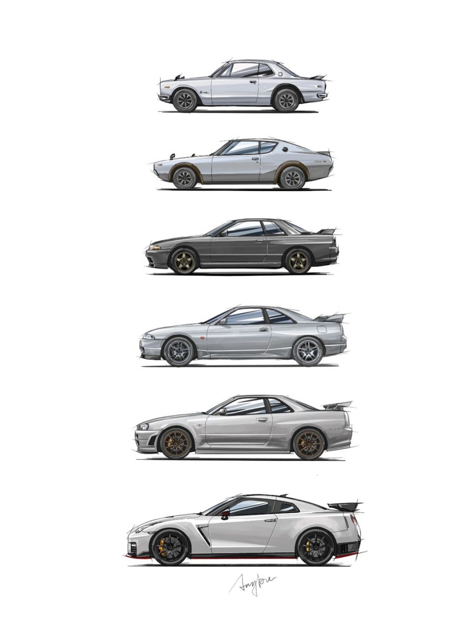 我画完啦!历代战神gtr! ■ipad板绘的历代gtr!