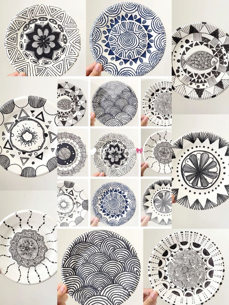 纸盘线描|蓝黑线描|环创设计|青花瓷花纹 超简单线描盘子绘画第三波