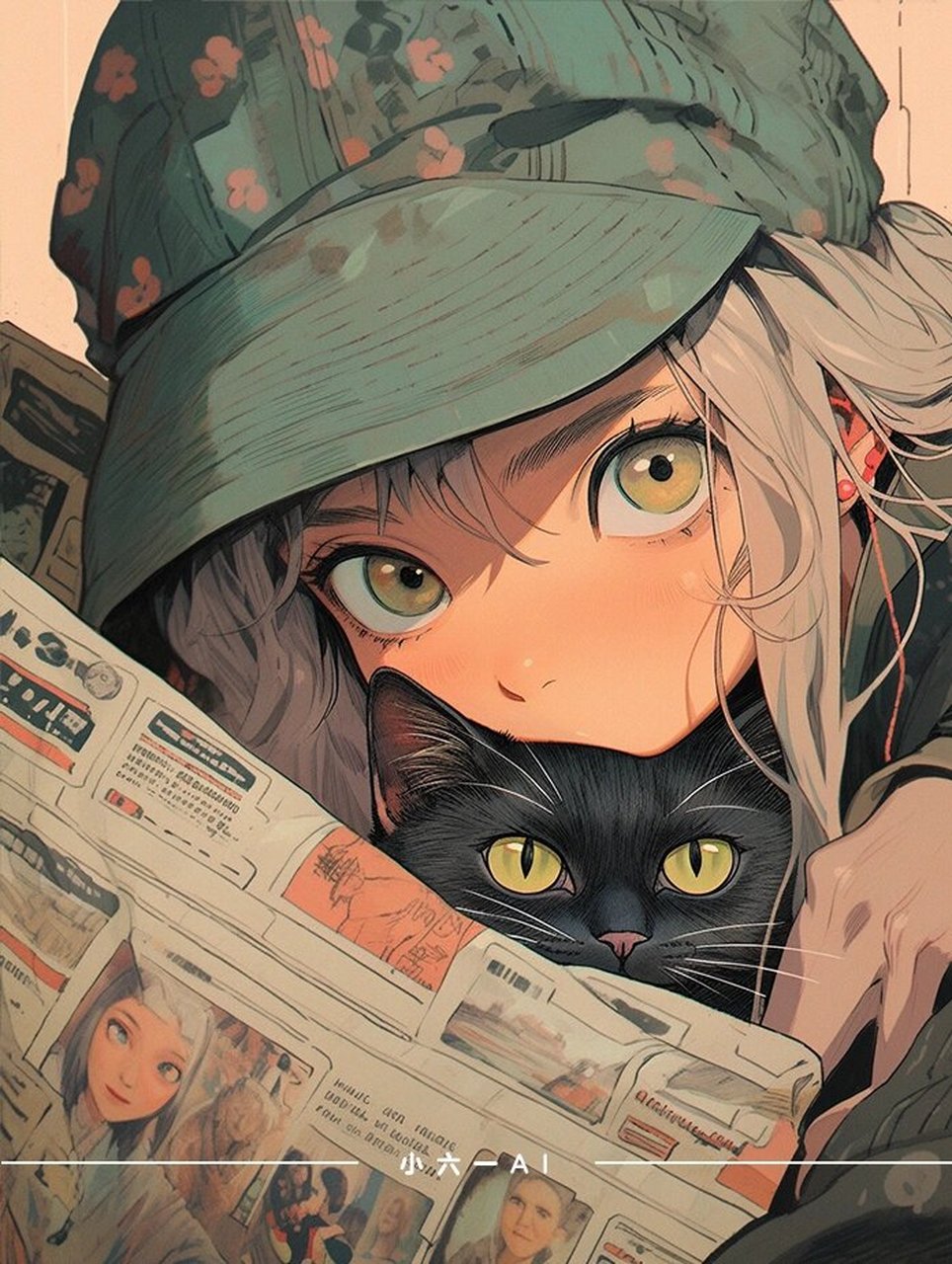 手机壁纸 | 复古风抱猫女孩 来自于复古风:可爱的少女和她的猫