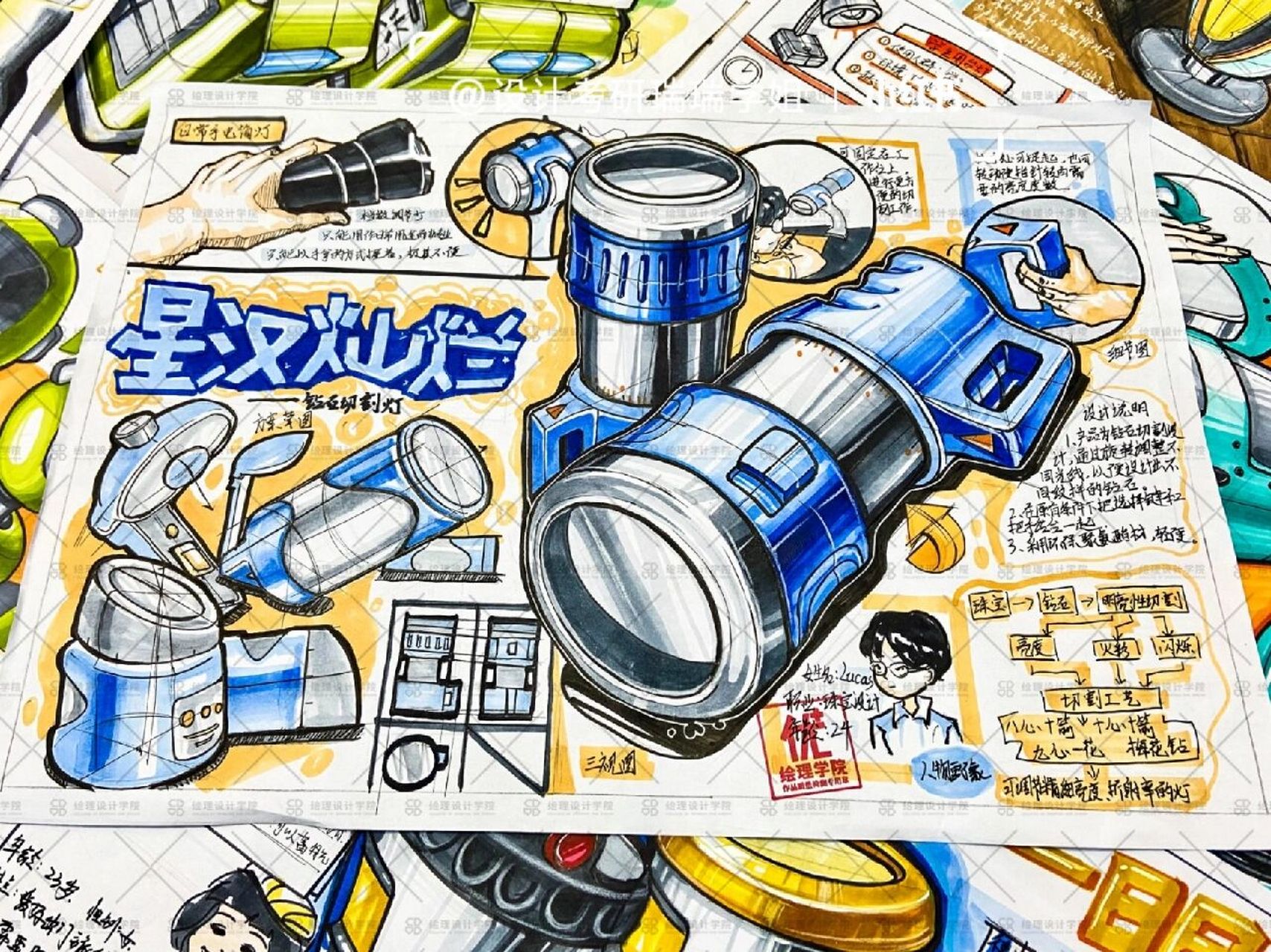 手绘快题|手电筒灯设计 手持类产品-手电筒设计 关键词:材质 外形