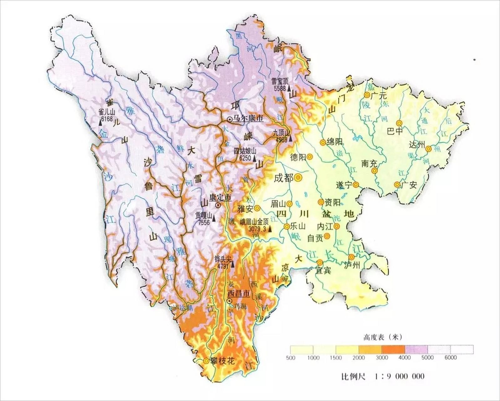 四川省地形图 四川东部地区和西部地区地形差异巨大