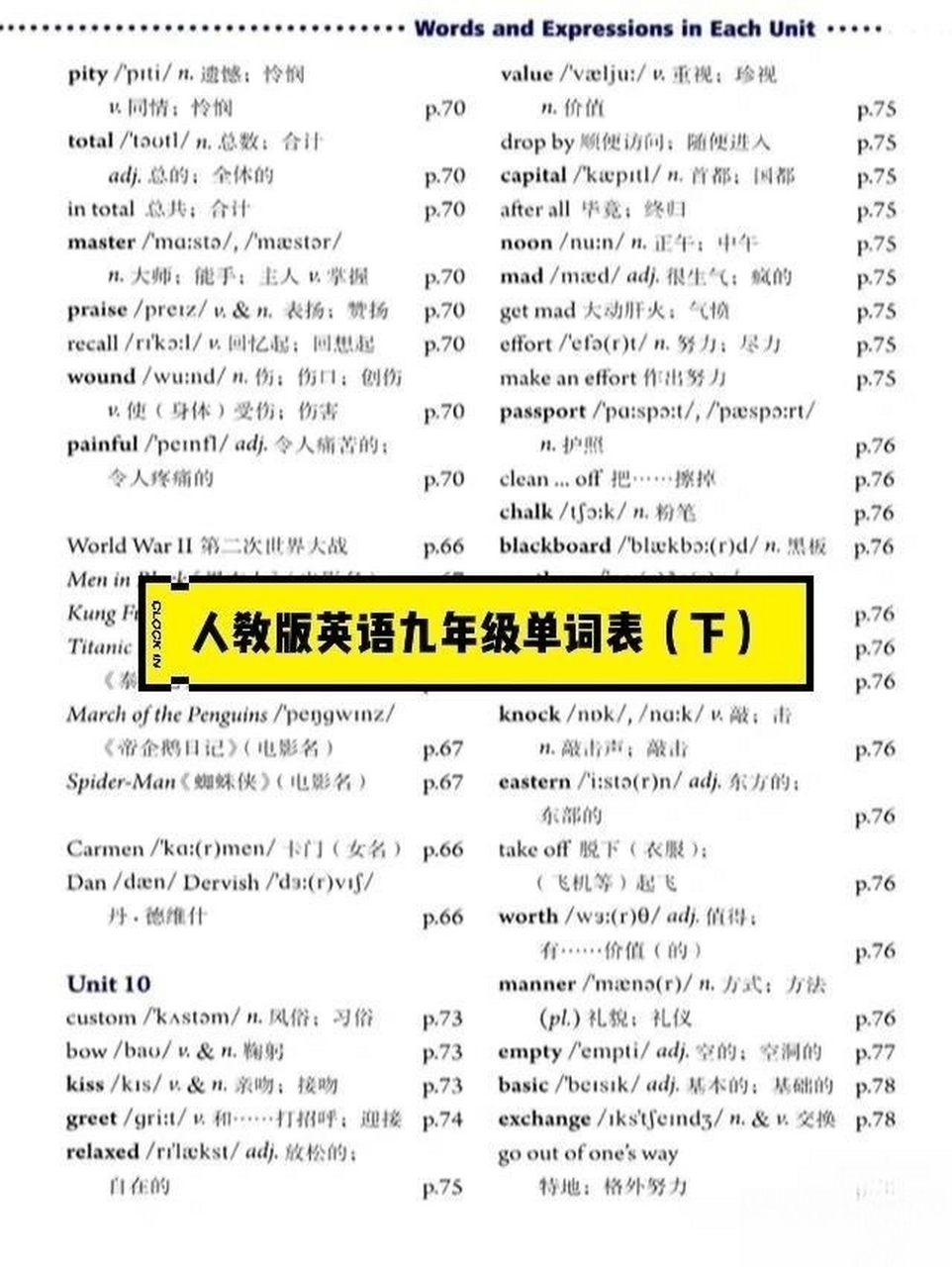 人教版初中英语九年级单词表(下)