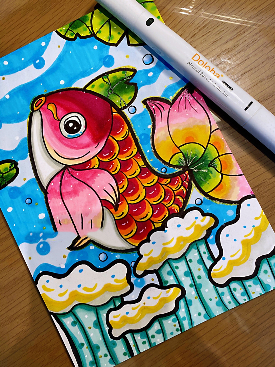 儿童画|《年年有余》|马克笔过程 临摹小张老师  🍑宝多乐绘马克笔