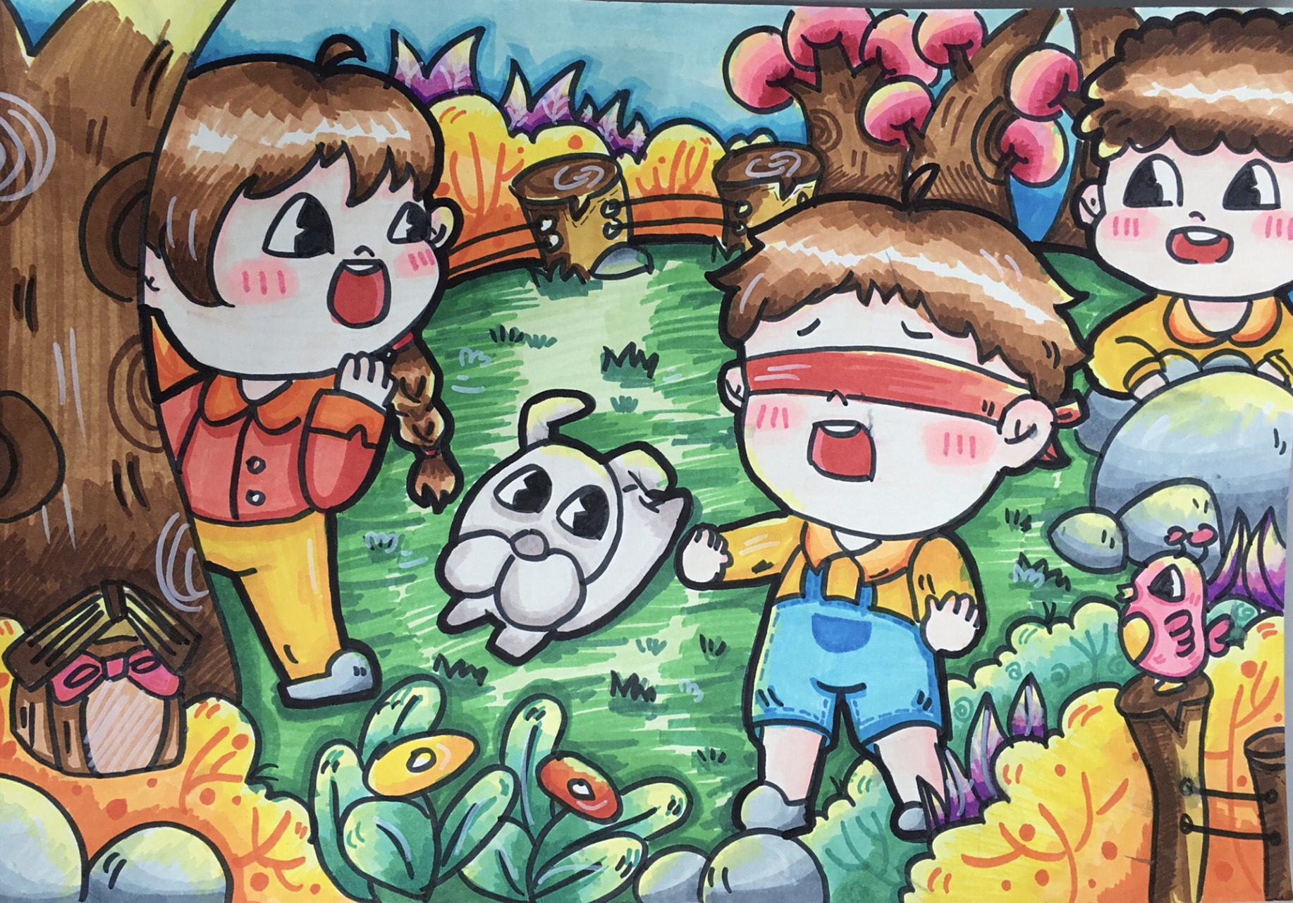 学前教育幼师马克笔儿童画《捉迷藏》 适合《我和我的朋友》《做