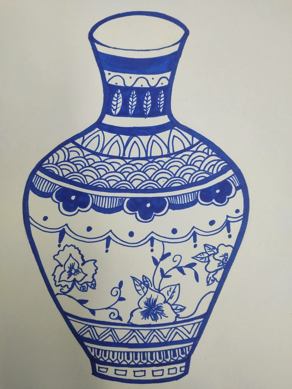 创意画线描——青花古韵(含课件) 重点是青花瓷瓶的外形及装饰线,花卉