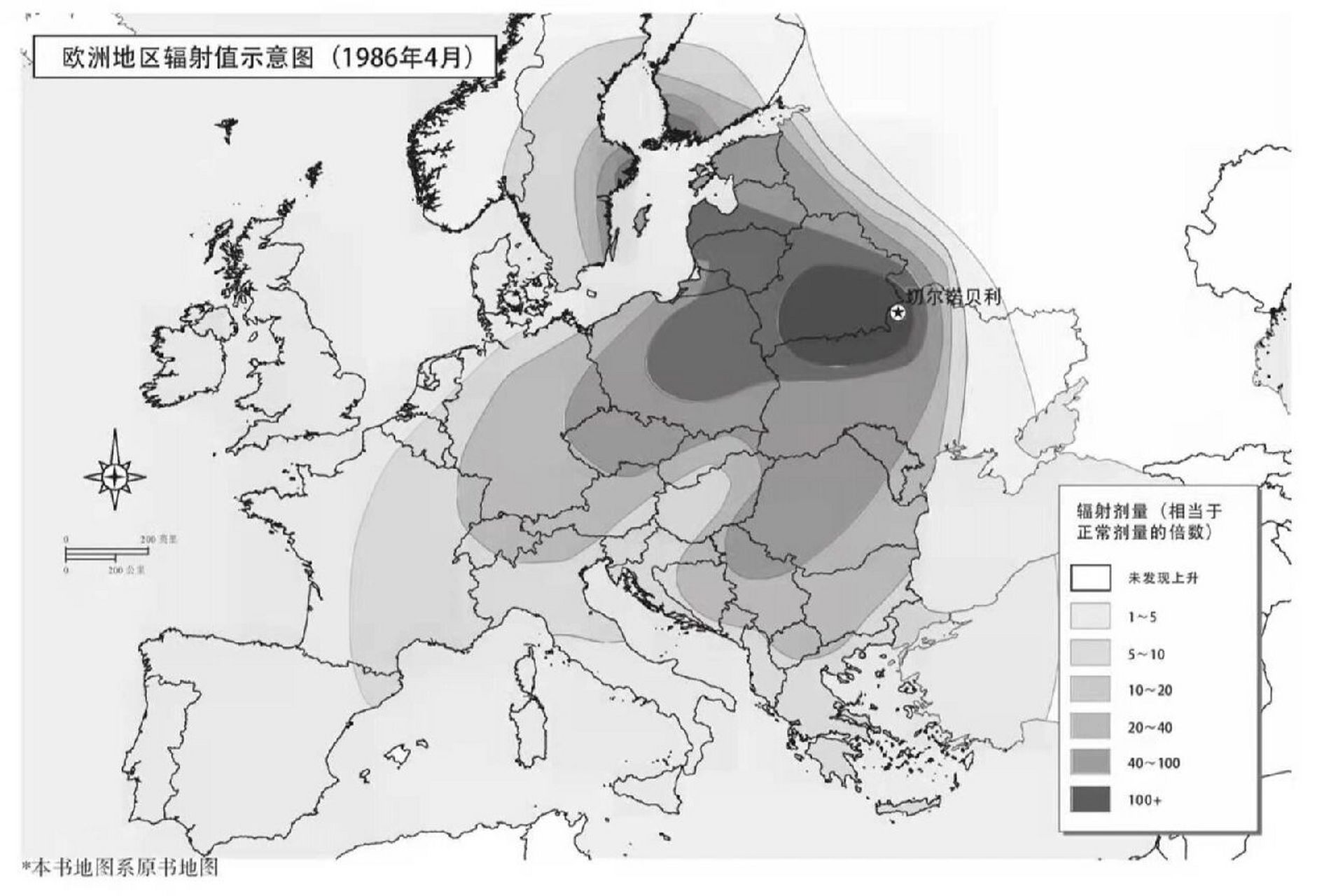 切尔诺贝利核电站事故欧洲地区辐射值分布图 切尔诺