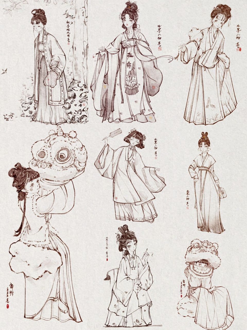 ipad水墨|古风人物九宫格集合来啦 画的水墨人物终于凑齐九宫格啦