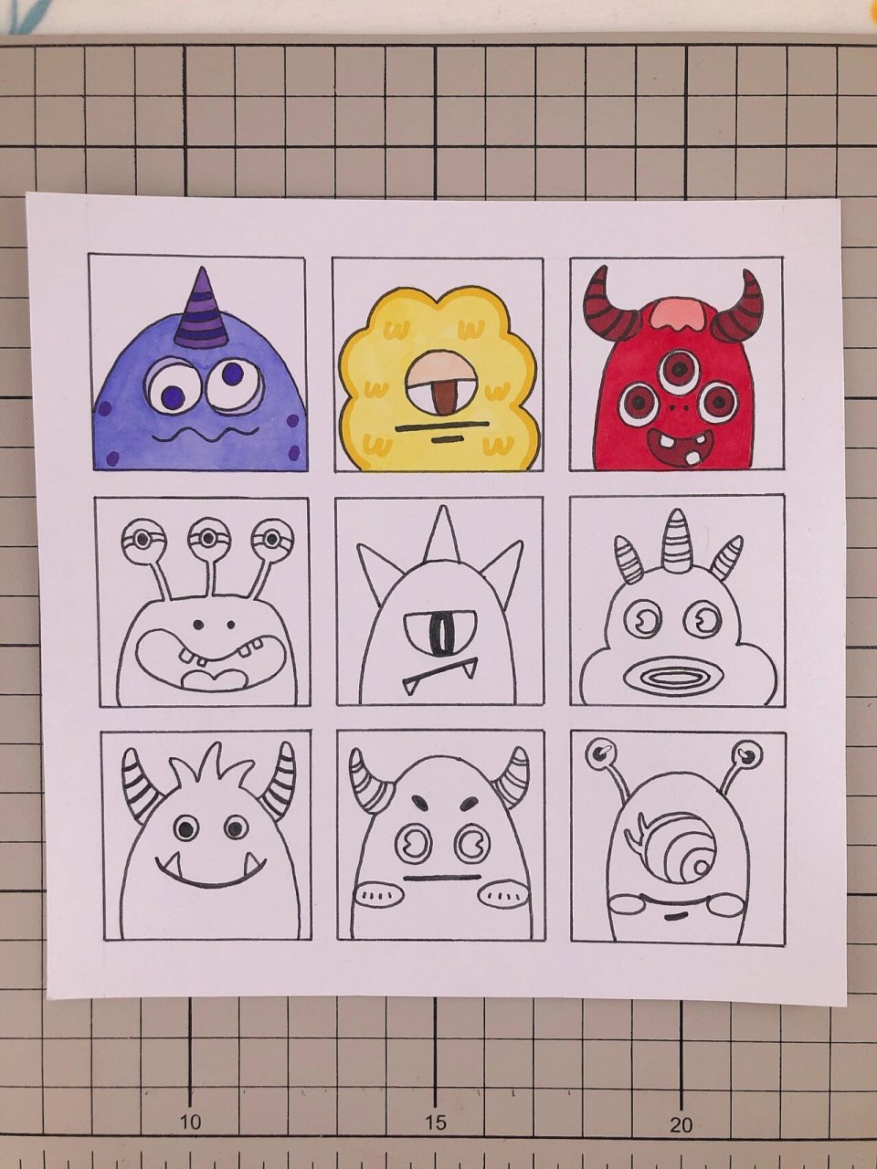 第237幅|小怪兽九宫格卡通画,简笔画. 马克笔:多乐绘128色.