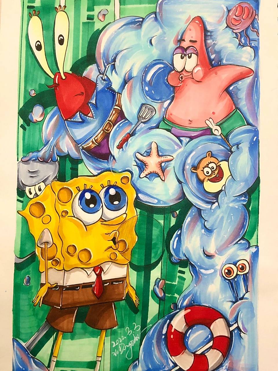 海绵宝宝马克笔手绘图(附线稿) 加上阴影和高光让人物更立体樱花勾线