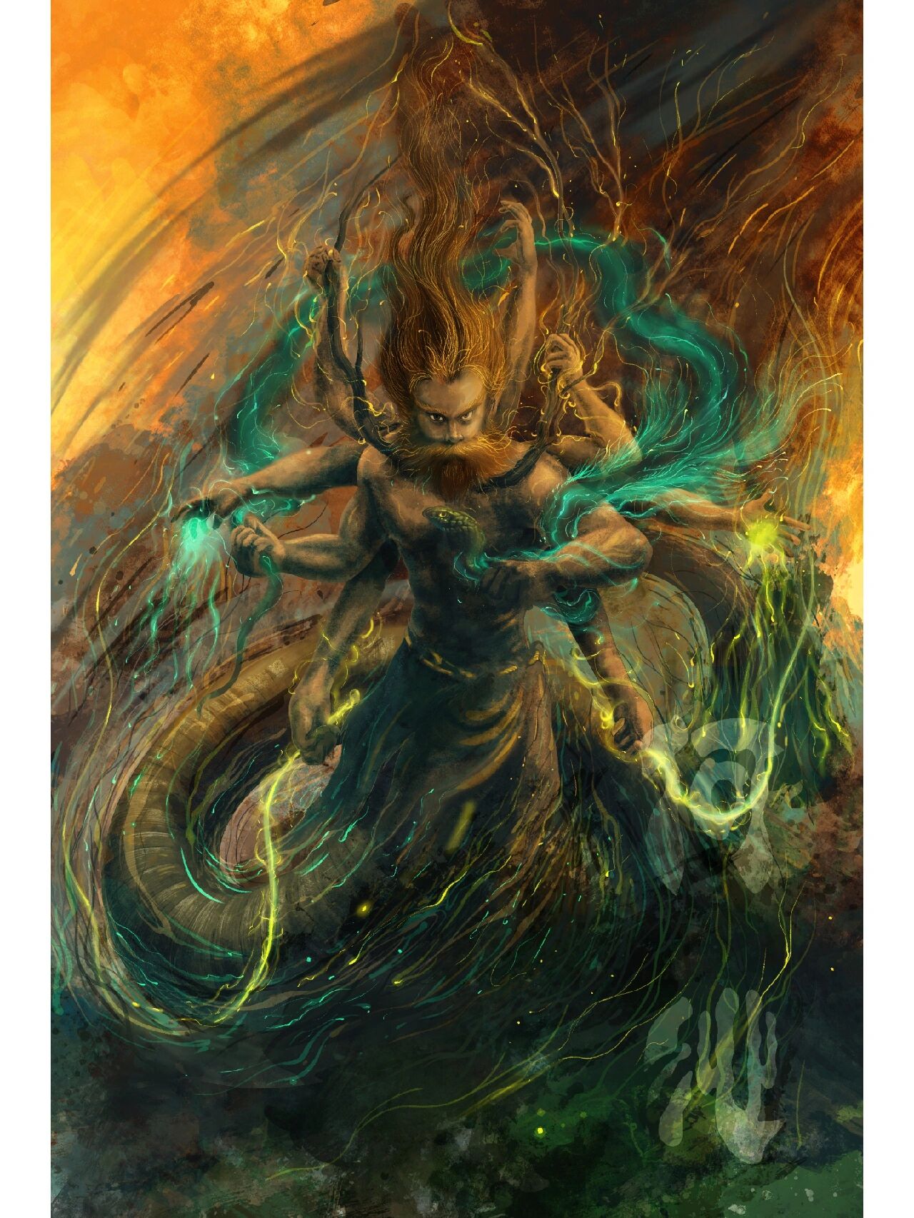 山海经插画—后土 传说后土是人身蛇尾,背后有七手,胸前则有两双手