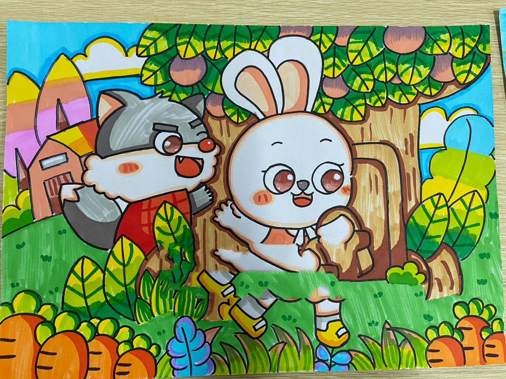 动物儿童画《大灰狼与小白兔》 翻找照片的时候看到了放假前孩子们