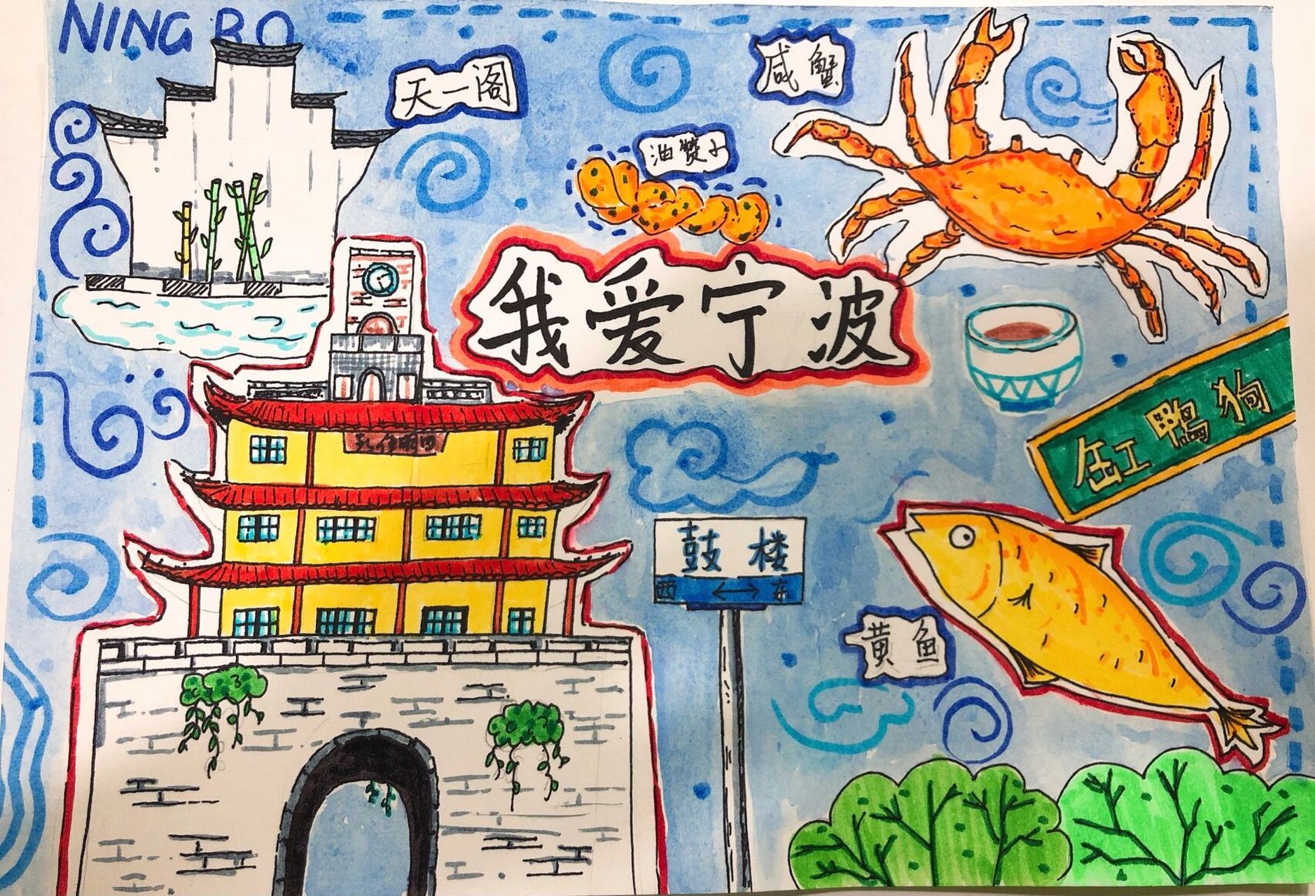 原创96|宁波 城市名片儿童画创作 适合年龄:2—4年级 天一阁/鼓楼