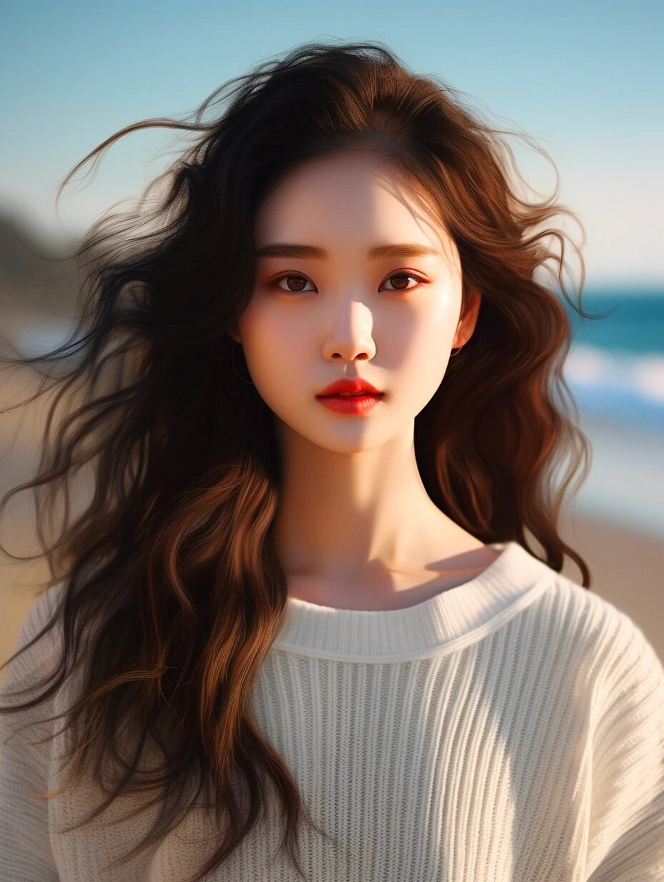 美女 清纯少女 海边 头像 微信头像 蓬松的白色毛衣轻拂着她的皮肤,仿