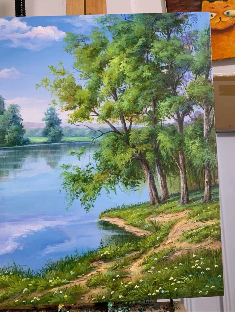 纯手绘油画,河边风景油画60×90厘米,可定制油画,纯手工画的,拍了绘画