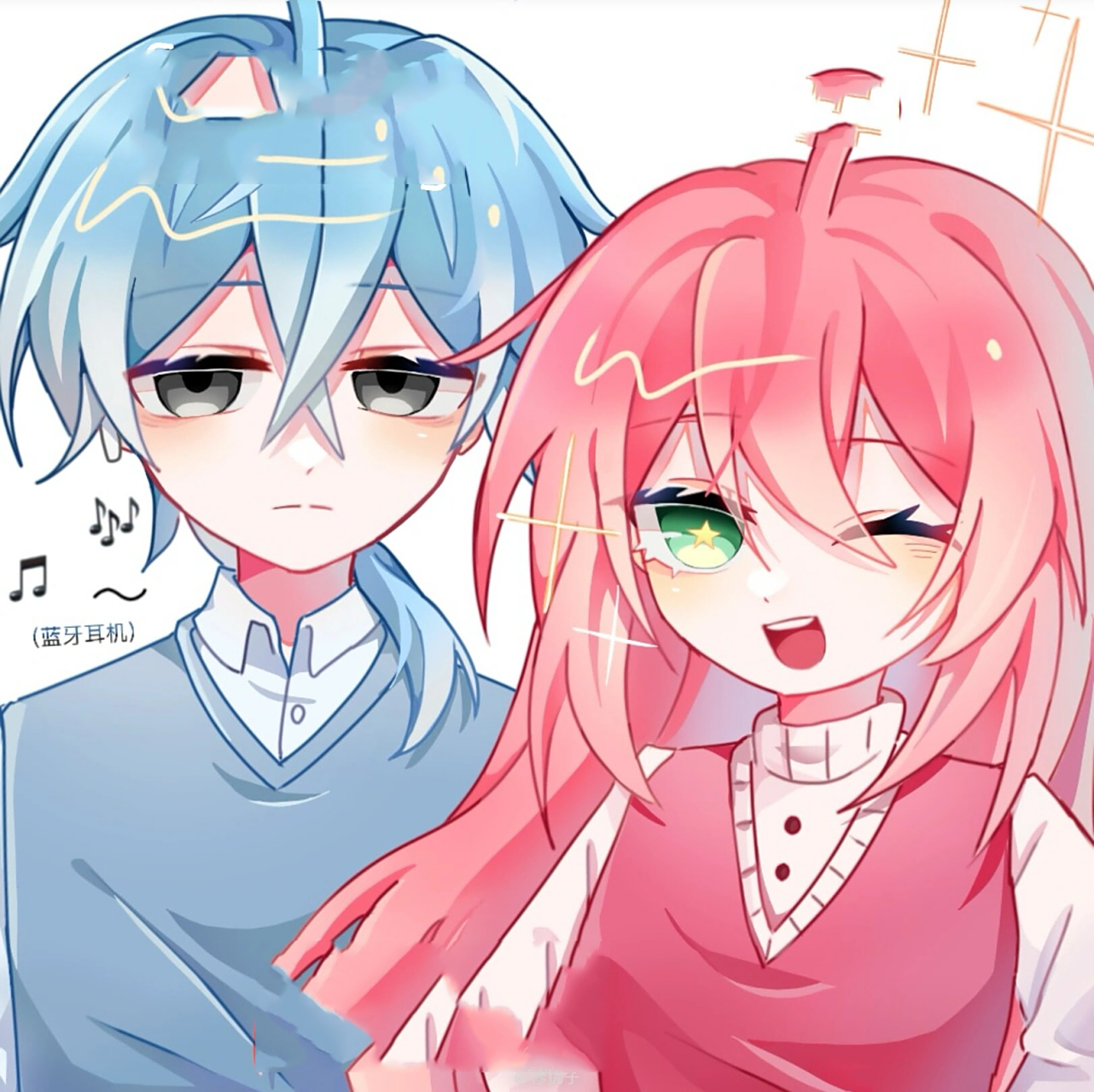 小伙伴们催的小粉小蓝cp拟人来啦! 喜欢的公主点点赞呗