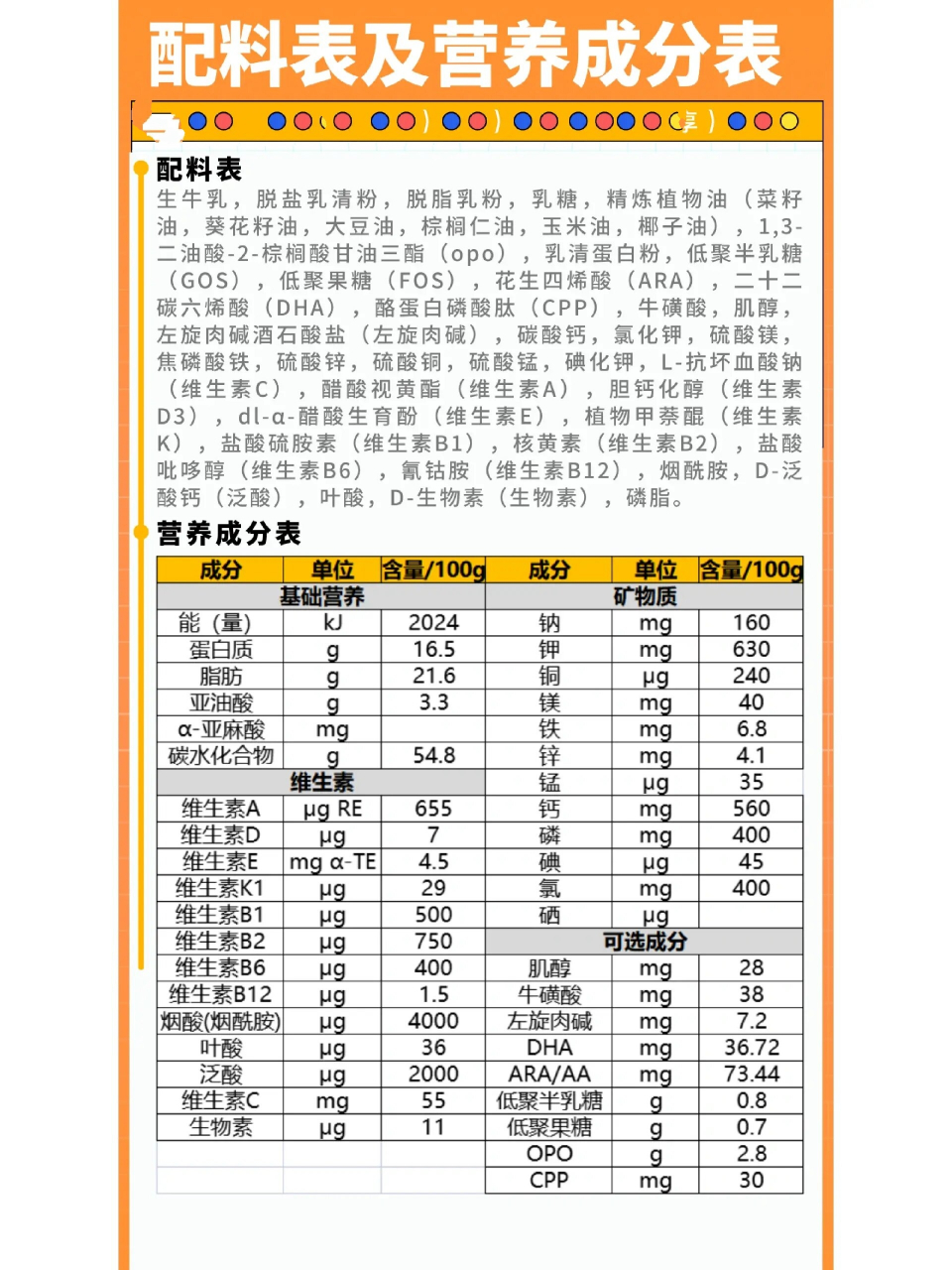 贝因美奶粉配方表图片