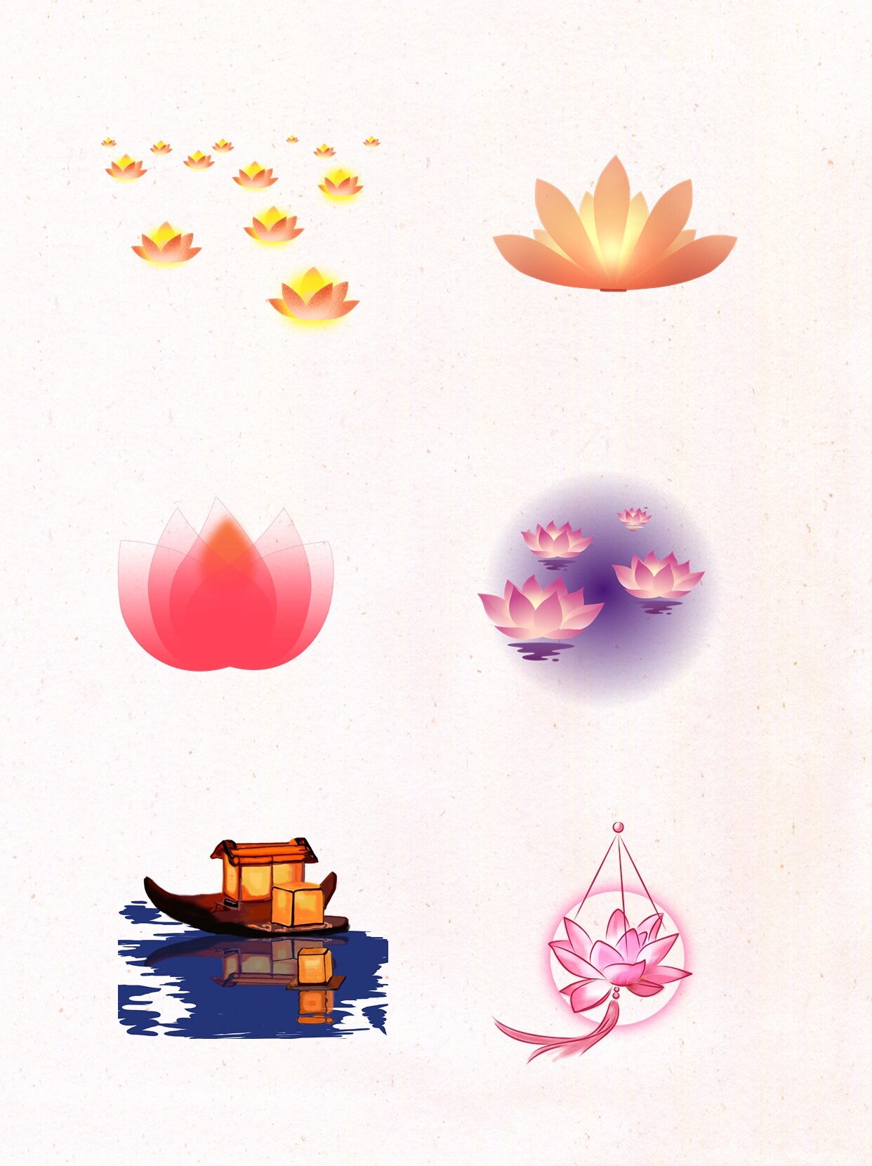 【手绘免抠】中秋节莲花灯png素材∣许愿灯