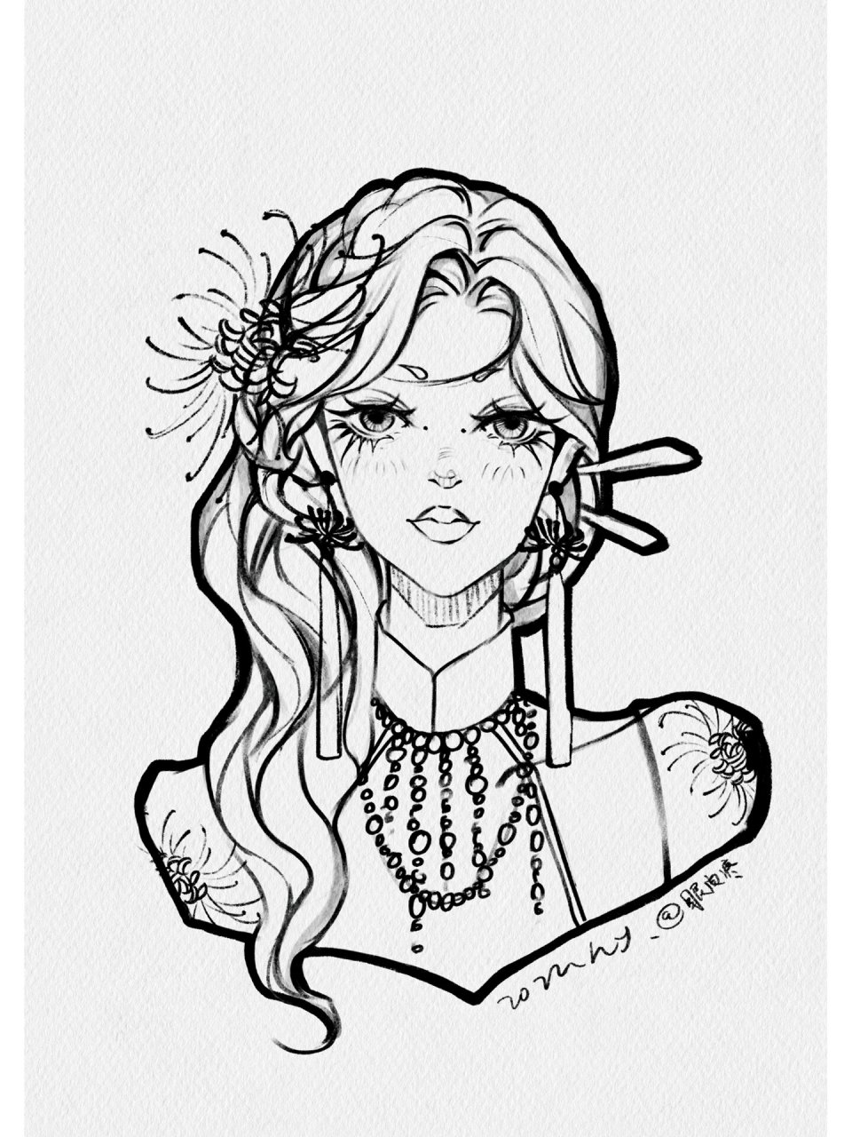 新中式少女插画/花朵拟人4——彼岸花 第二张是线稿哦 宝子们可以投稿