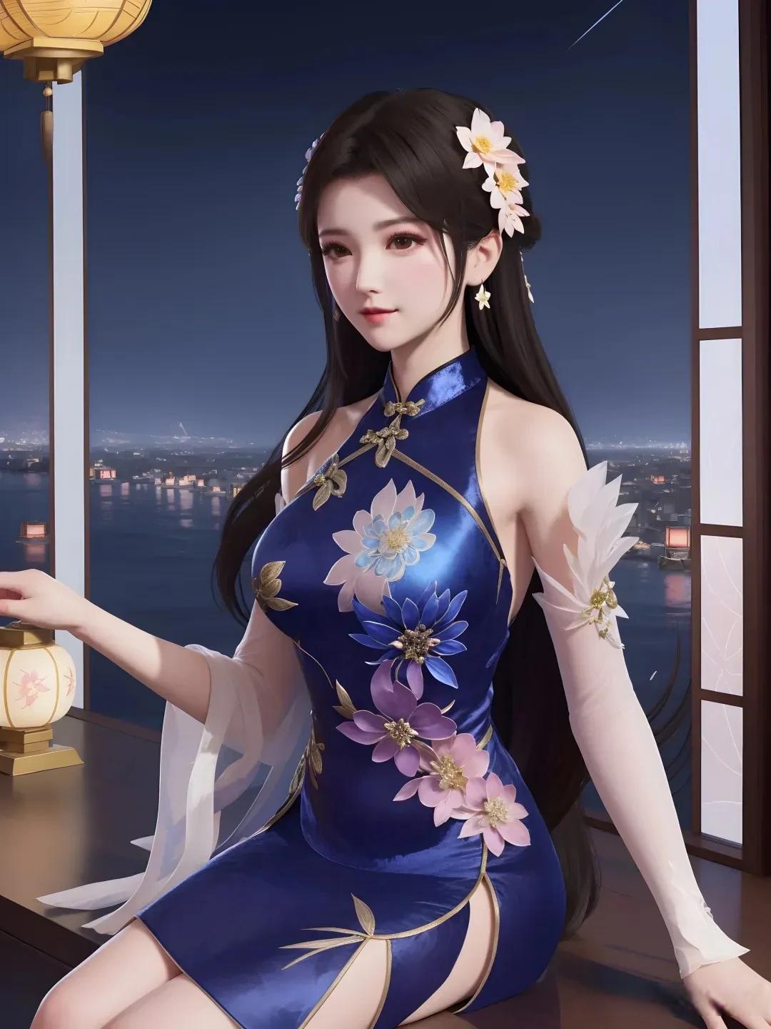 改编ai蓝色性感旗袍动漫少女