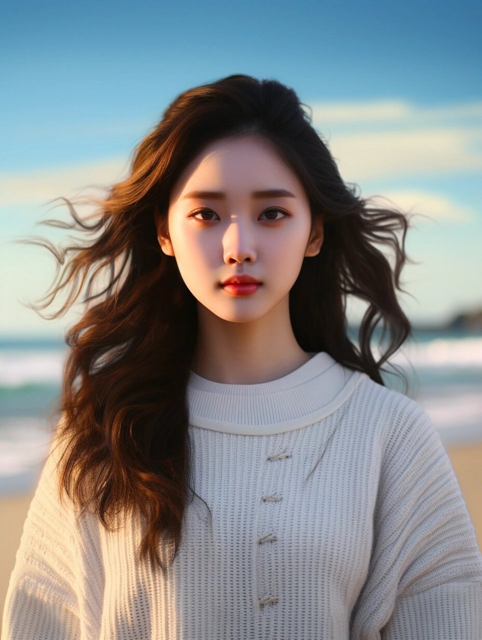 美女 清纯少女 海边 头像 微信头像 蓬松的白色毛衣轻拂着她的皮肤