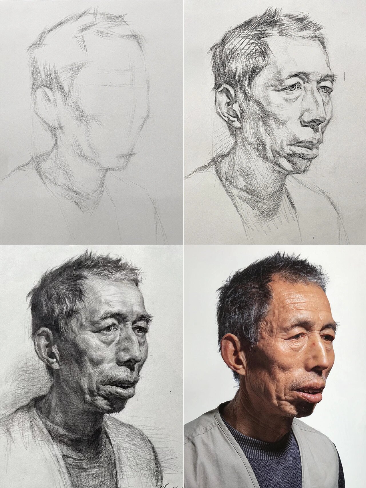 海霆素描头像男老年四分之三侧面头像