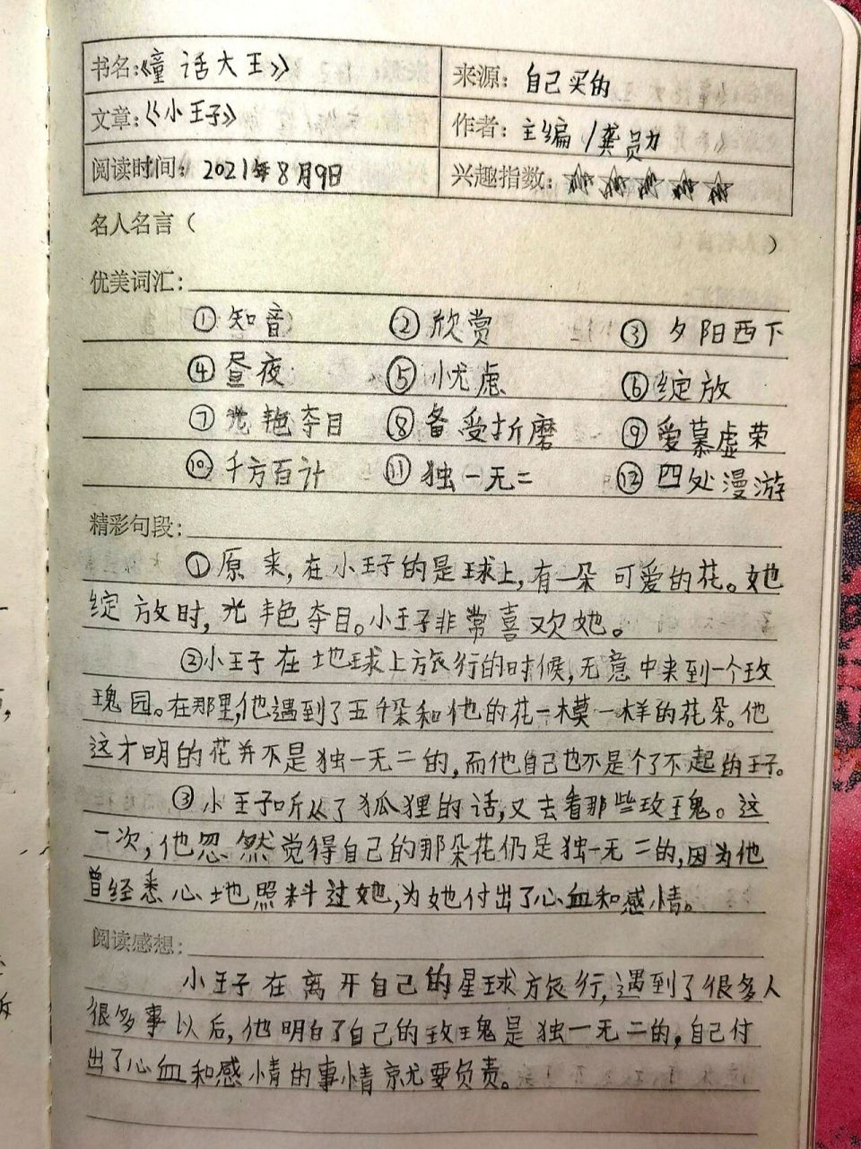 《小王子》小学生读书笔记