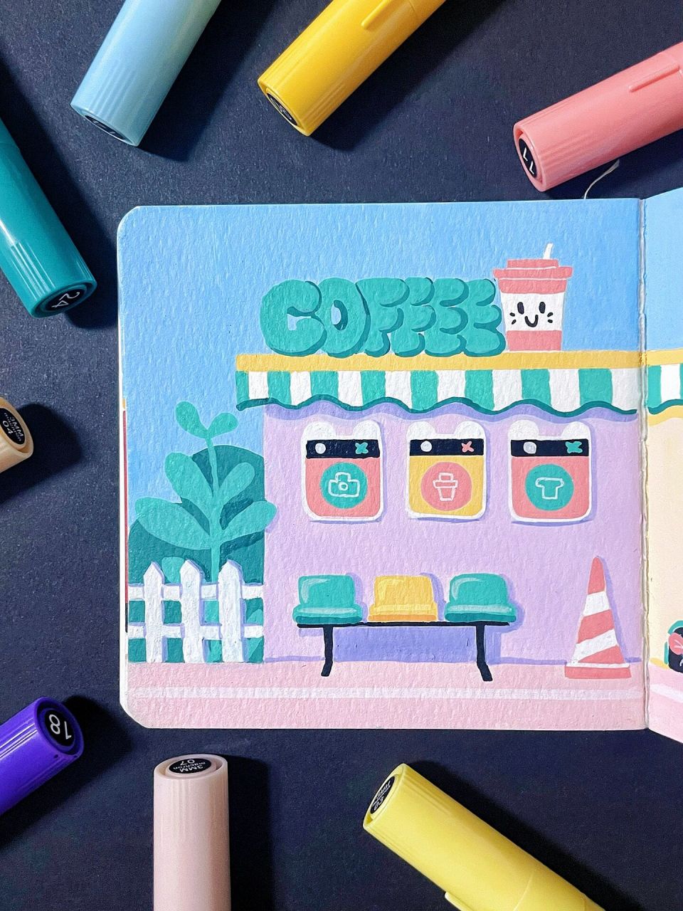 丙烯马克笔画|原创马克龙色系插画(含线稿) 9015:collide丙烯马克