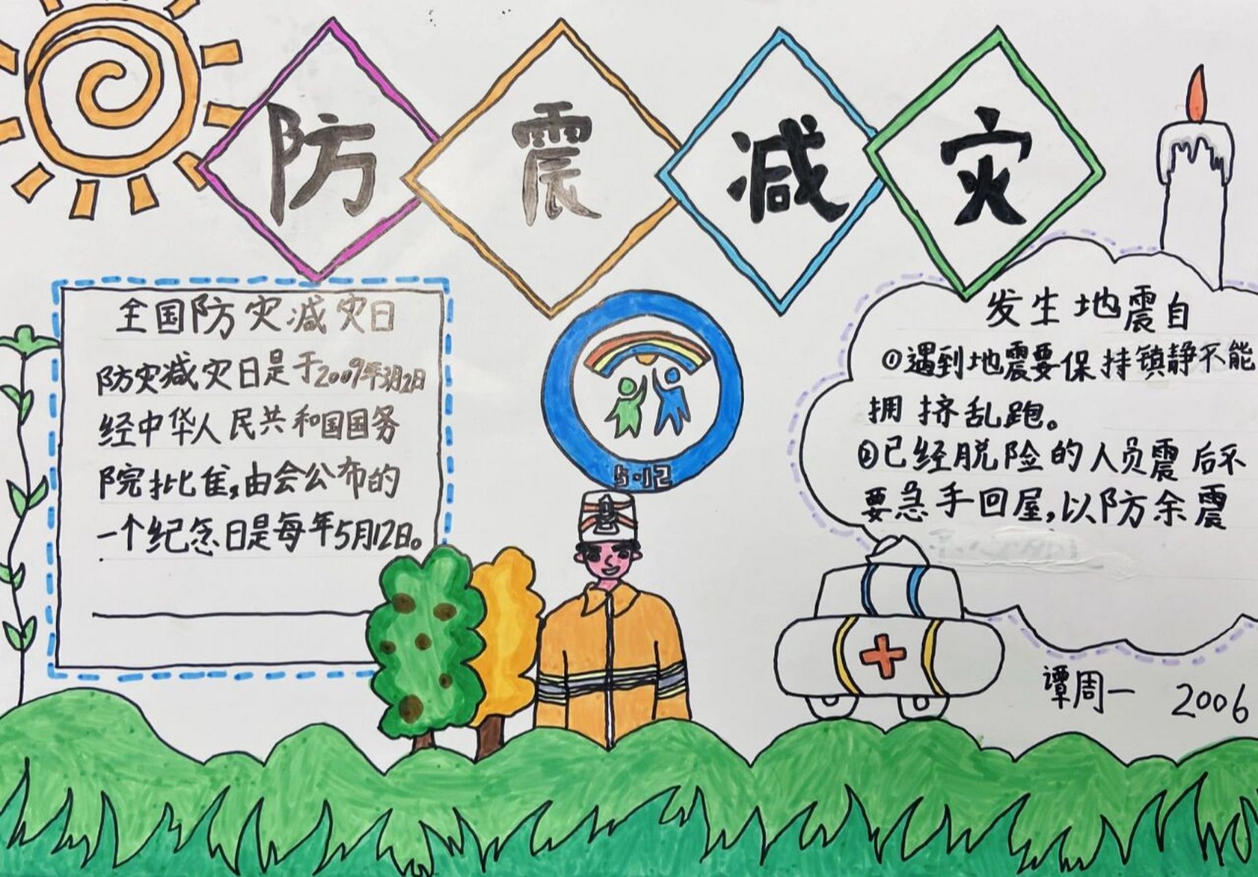 防震减灾手抄报 属于临时起意给孩子们辅导的作品,每个孩子都有表现的