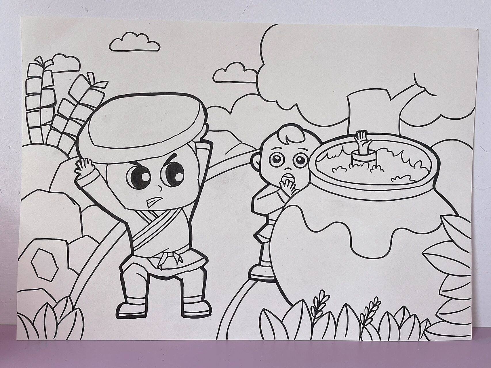 主题画—司马光砸缸(附线稿) 故事类儿童主题画 临摹:丹尼索蜡笔画