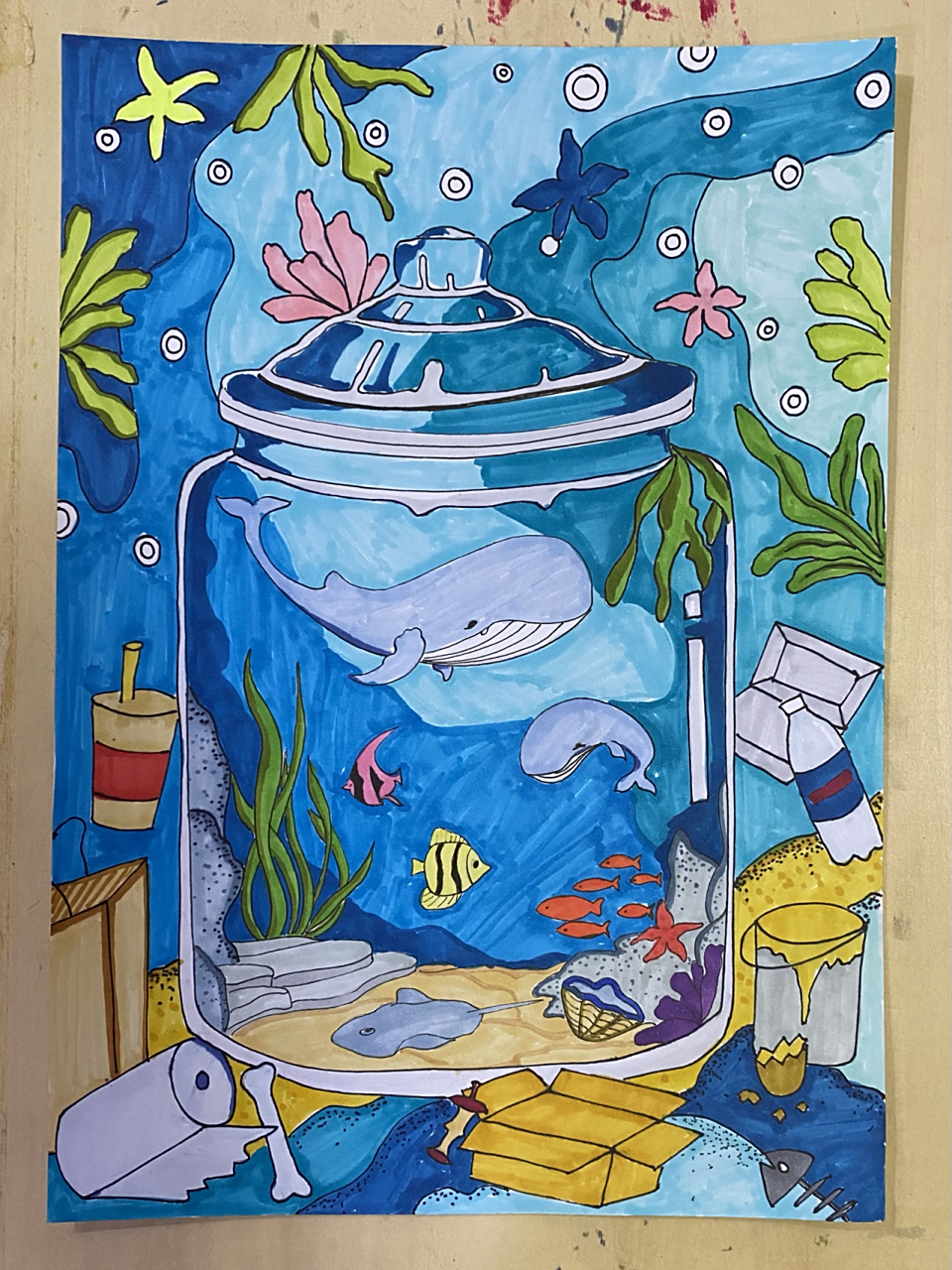 【原创】科幻画 海洋环保主题 海洋漂流瓶 a4马克专用纸,马克笔,0.