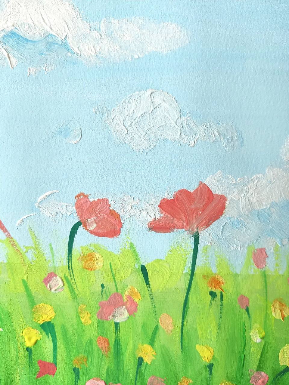 水粉画《春日花海风景》附细节图 春天来了,阳光明媚,会画画的红薯们