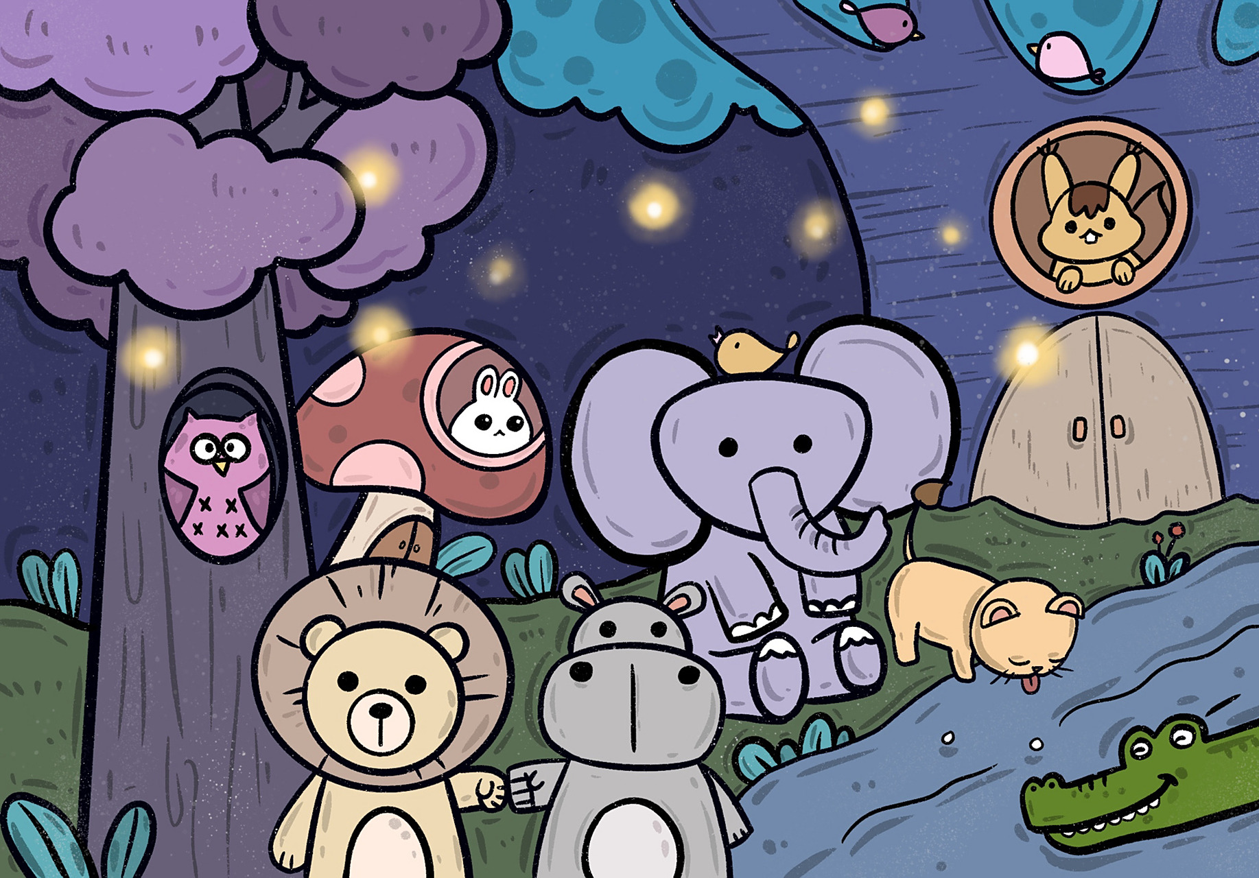 原创儿童画 森林里的动物 夜景简笔画树林 狮子 大象 松鼠 兔子