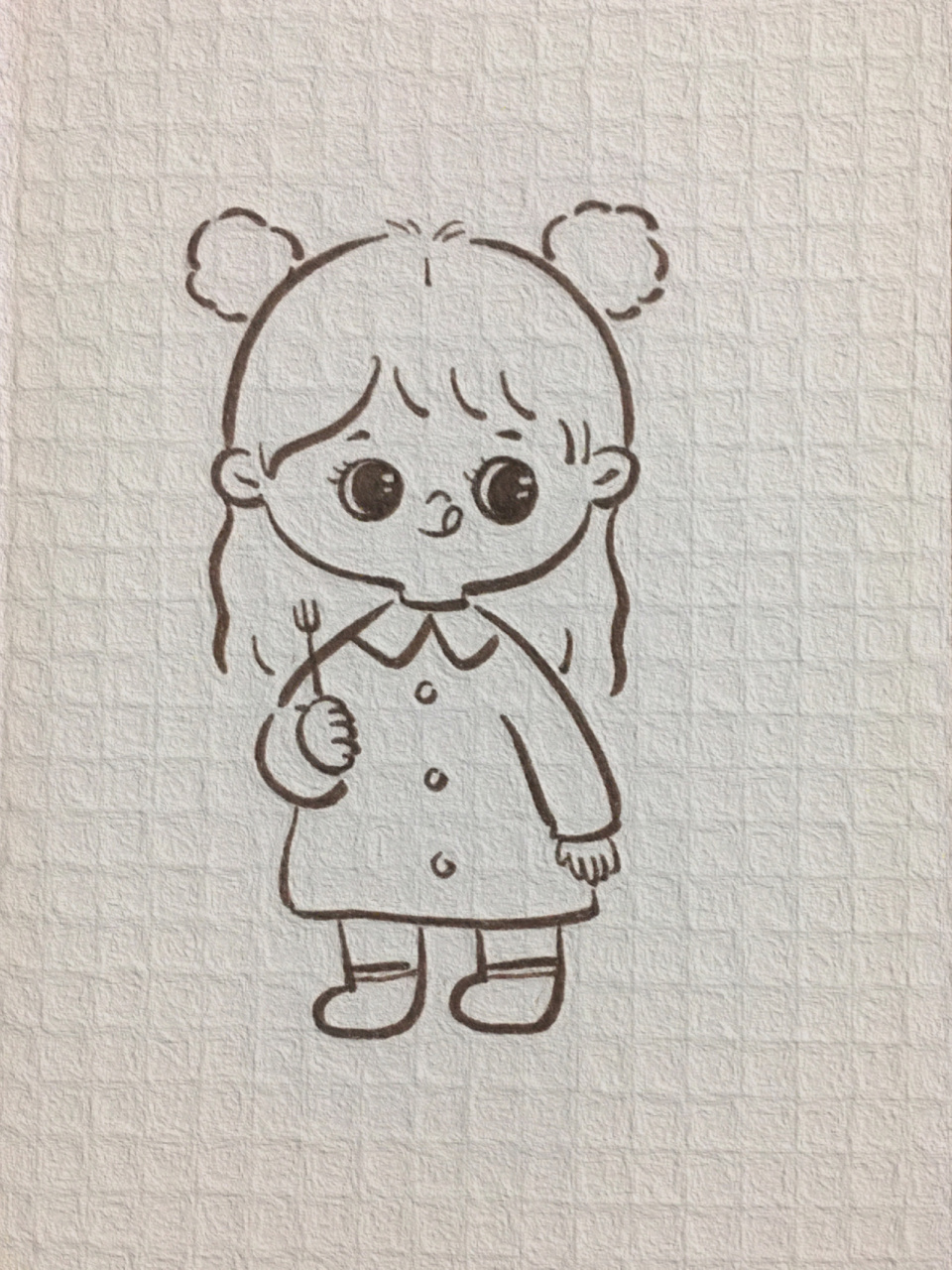 可爱简笔画 小女孩//附线稿 呃… 叉子准备好了 吃的呢