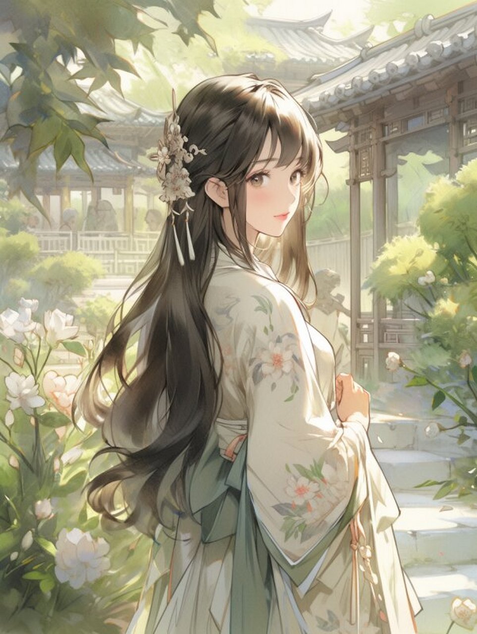 回眸一笑百媚生-古风美女系列 一位穿着汉服的女子,站在古风庭院中