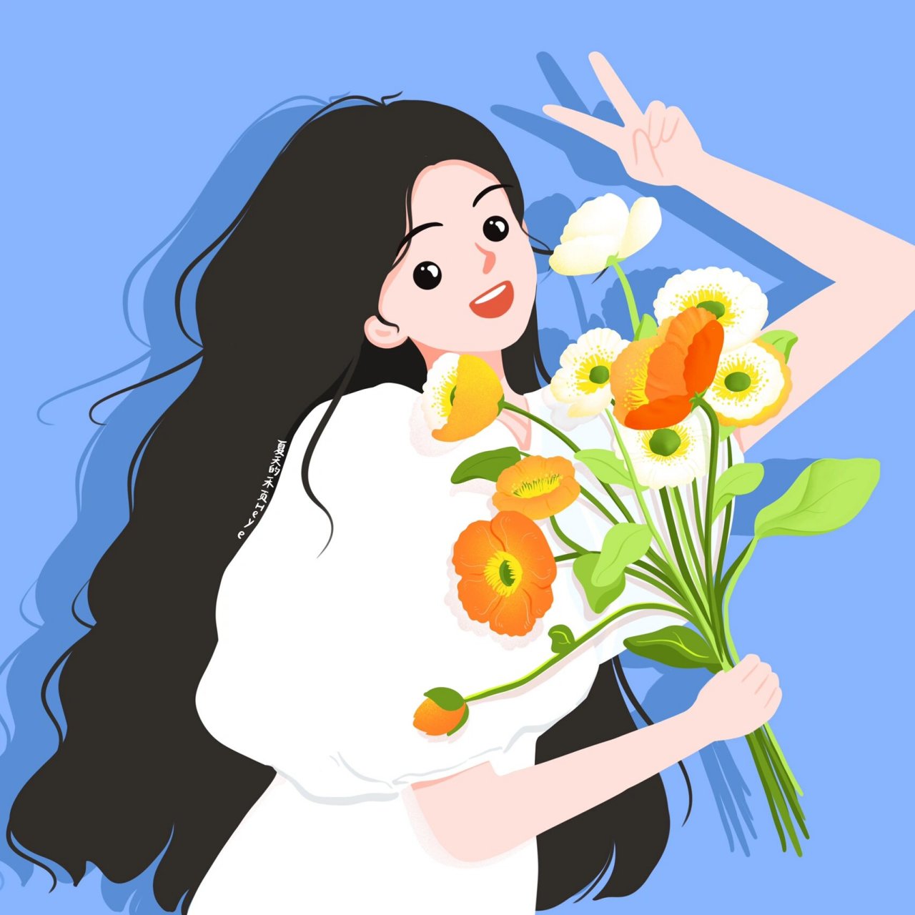 插画头像 | 捧花比耶的可爱女生 花花系列 1~ 背景多种配色供大家选择