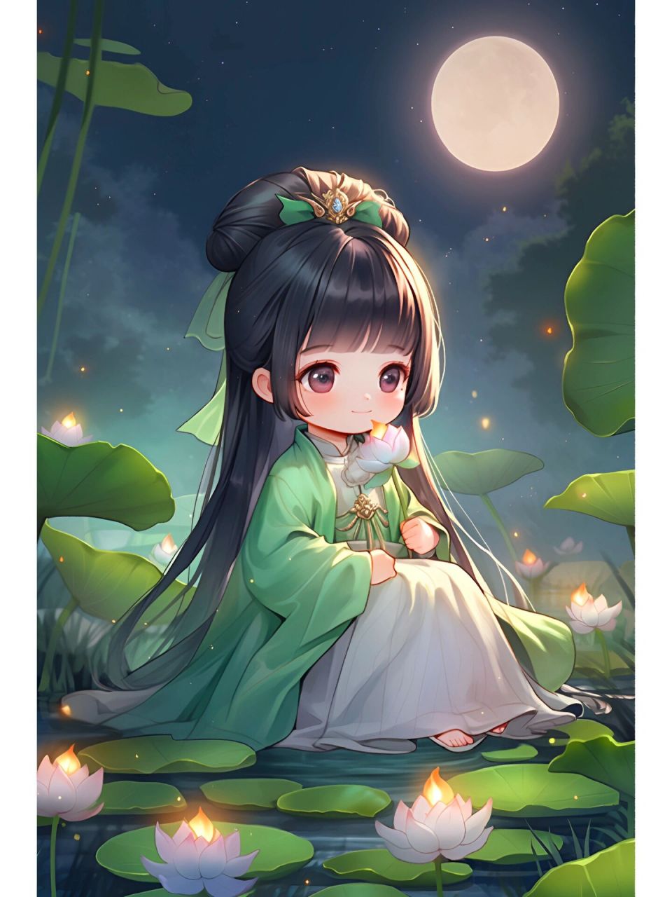 q版古风荷花仙女赏月