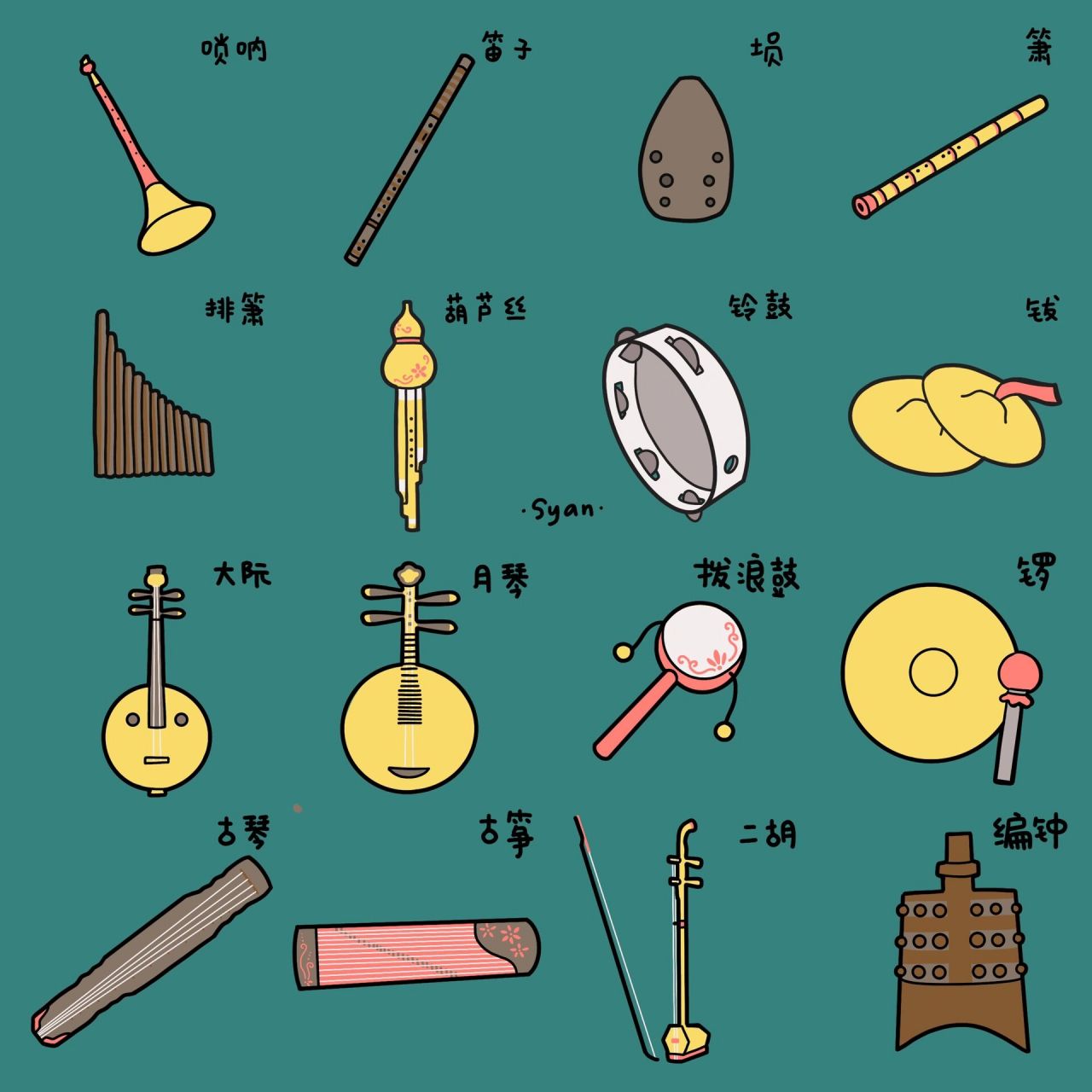手帐素材|中国乐器简笔画 因为乐器部件太多,尽量简化了,然后就不是很