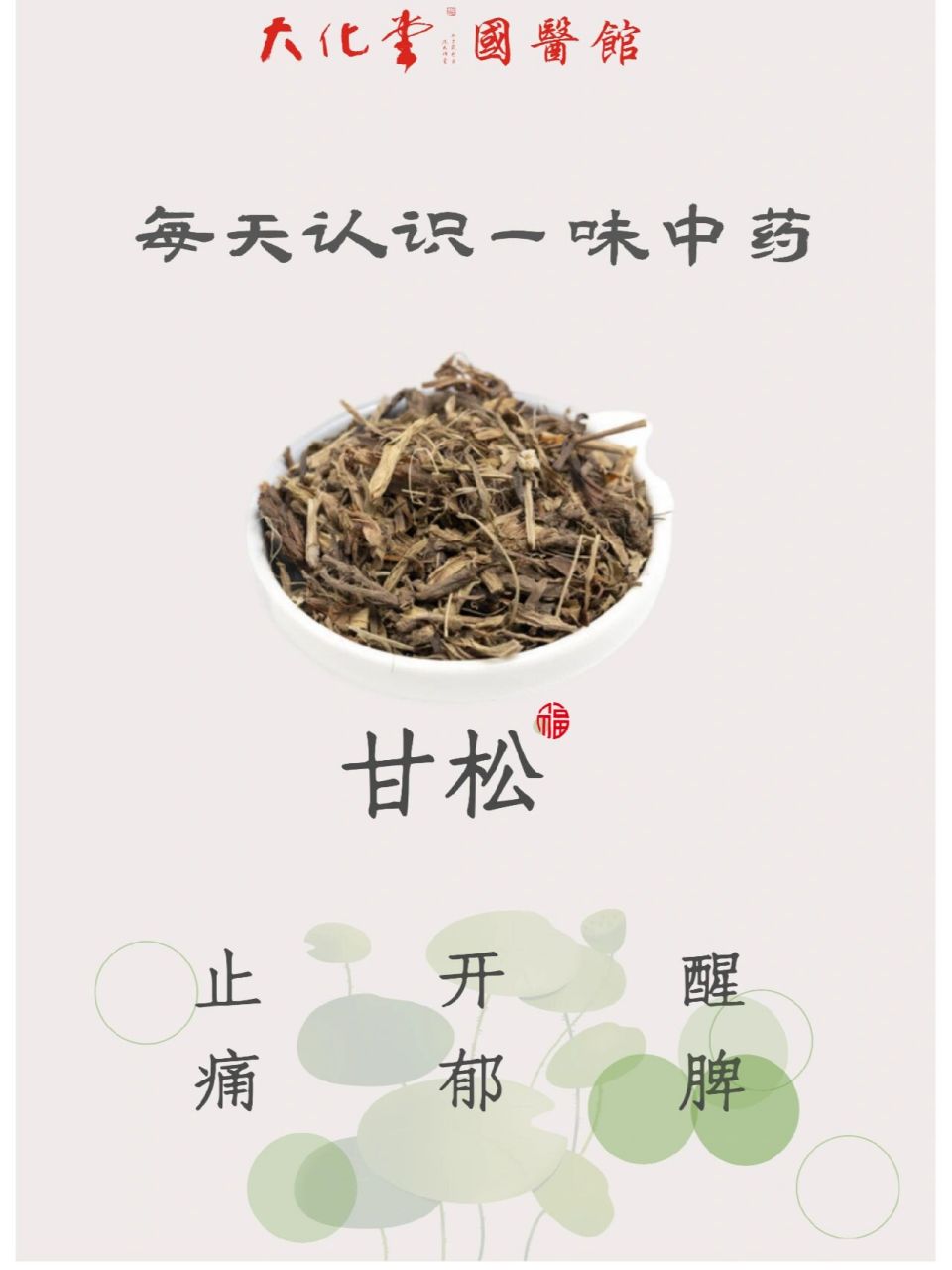 每天认识一味中药91甘松73止痛开郁醒脾 功效: 行气止痛,开郁醒脾
