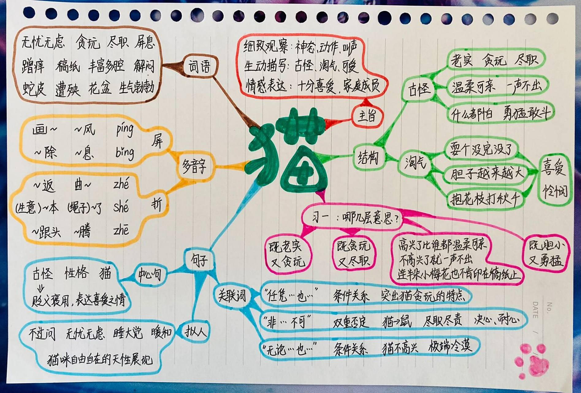 四下语文 十三课 猫 思维导图 作者在描写猫的性格古怪时,用"出去玩玩