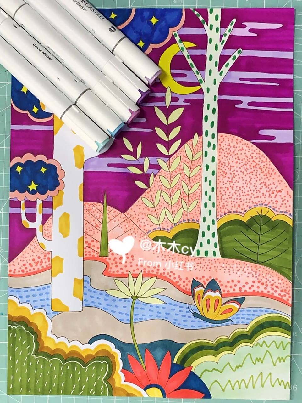 风景装饰画 | 线描 临摹 莫灵小卡 工具  辉柏嘉马克笔  三菱高光笔