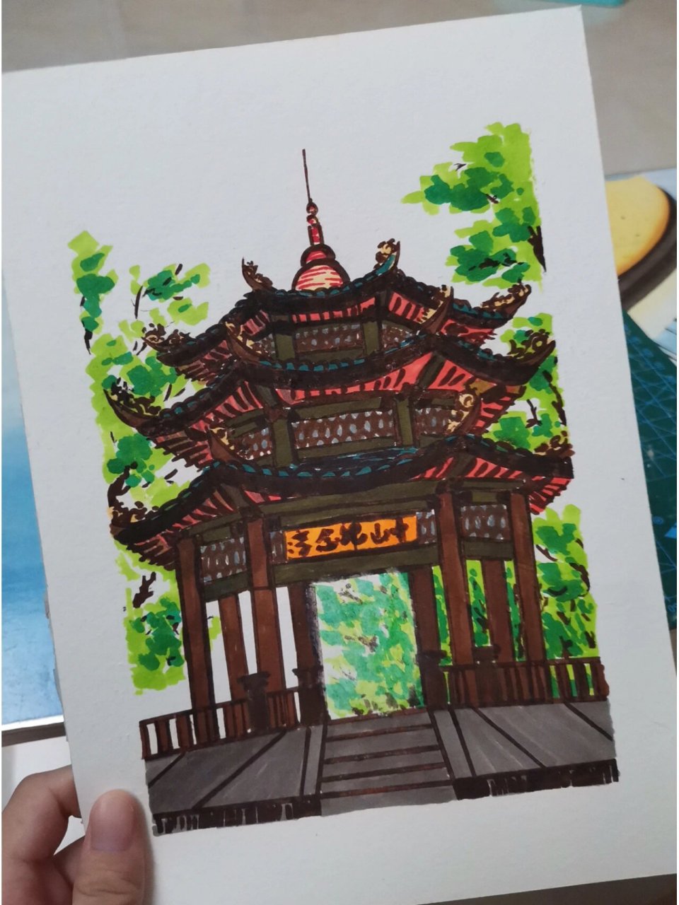 马克笔手绘风景——汕头小公园 新的尝试 虽然瑕疵很多