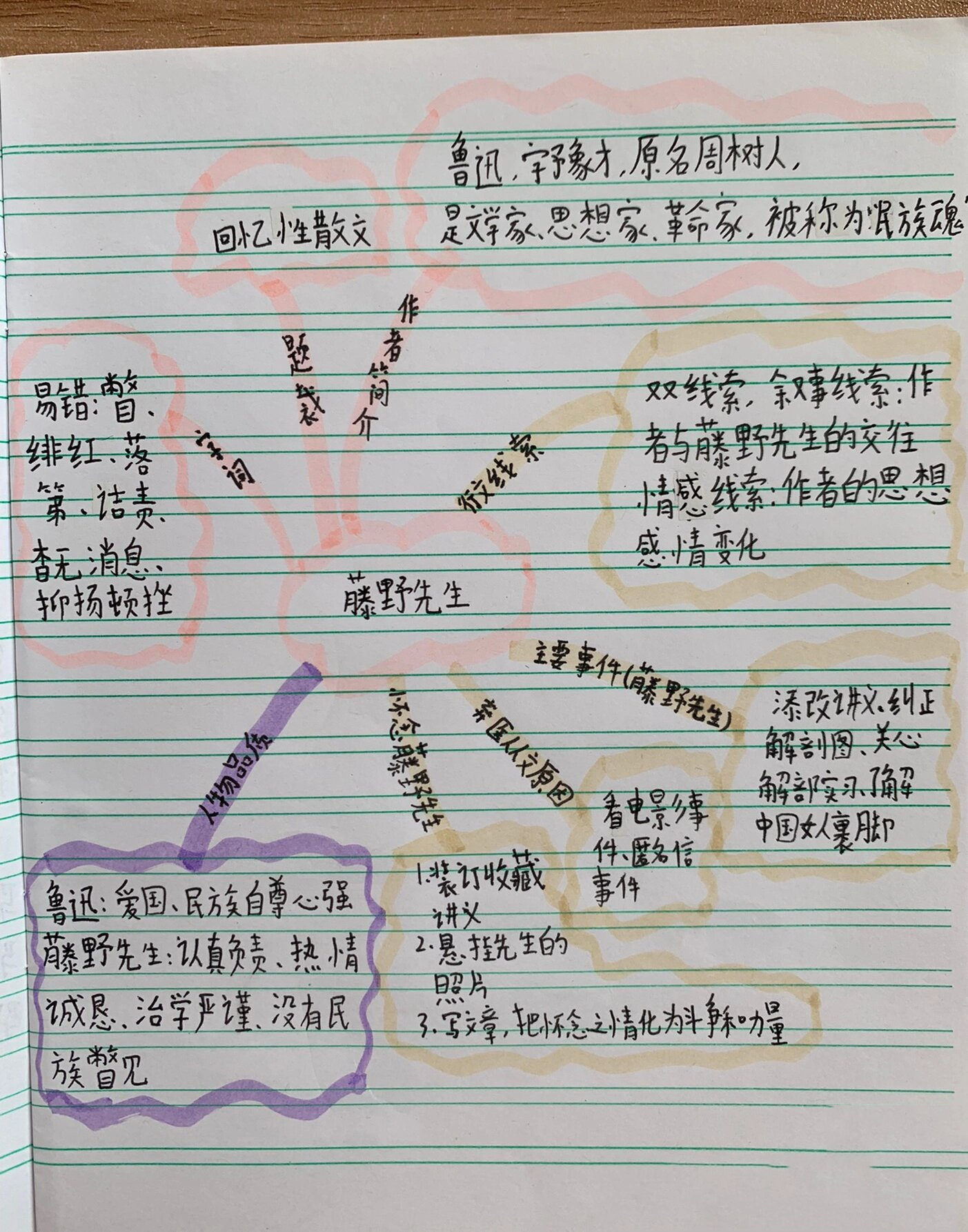 初二学生画的《藤野先生》思维导图.