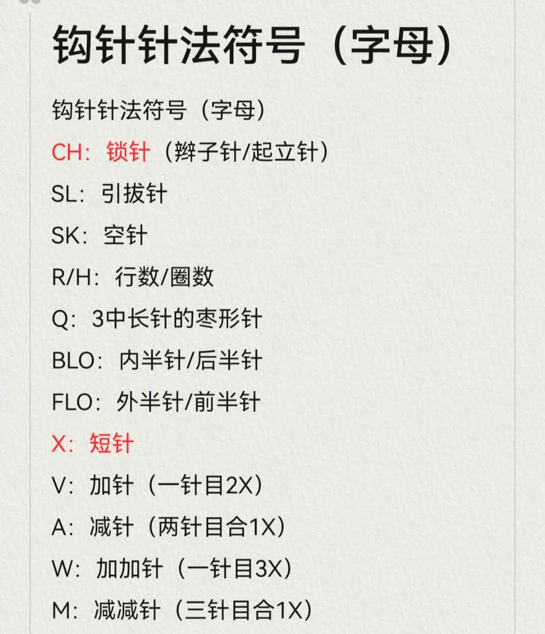 常用钩针针法字母符号 钩针针法符号(字母) ch:锁针(辫子针/起立针)