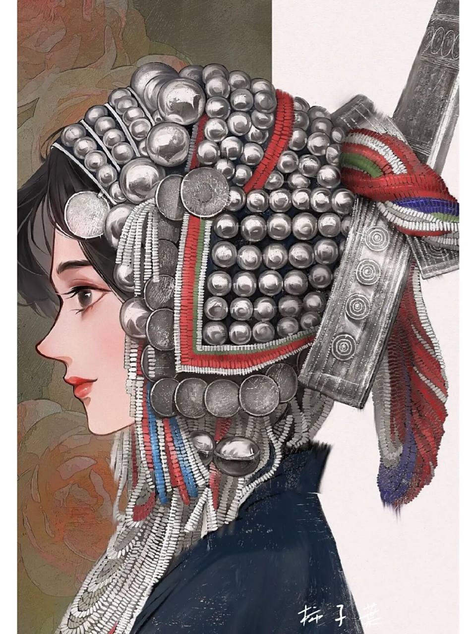 (民族风情插画)哈尼族姑娘 秀美的娥眉,细致的脸蛋,精致的头饰,是漂亮