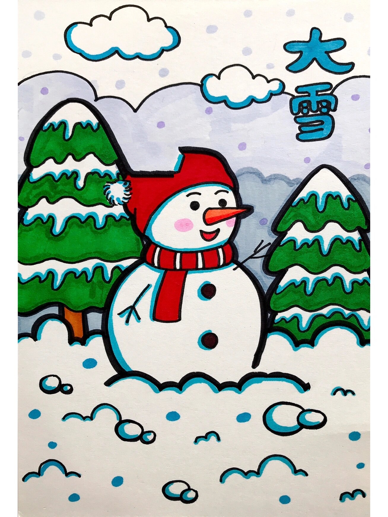 幼儿园雪人简笔画大雪节气主题儿童画