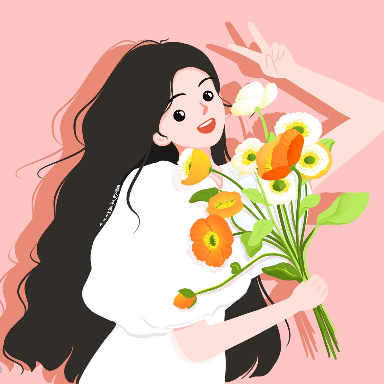 插画头像 | 捧花比耶的可爱女生 花花系列 1~ 背景多种配色供大家选择