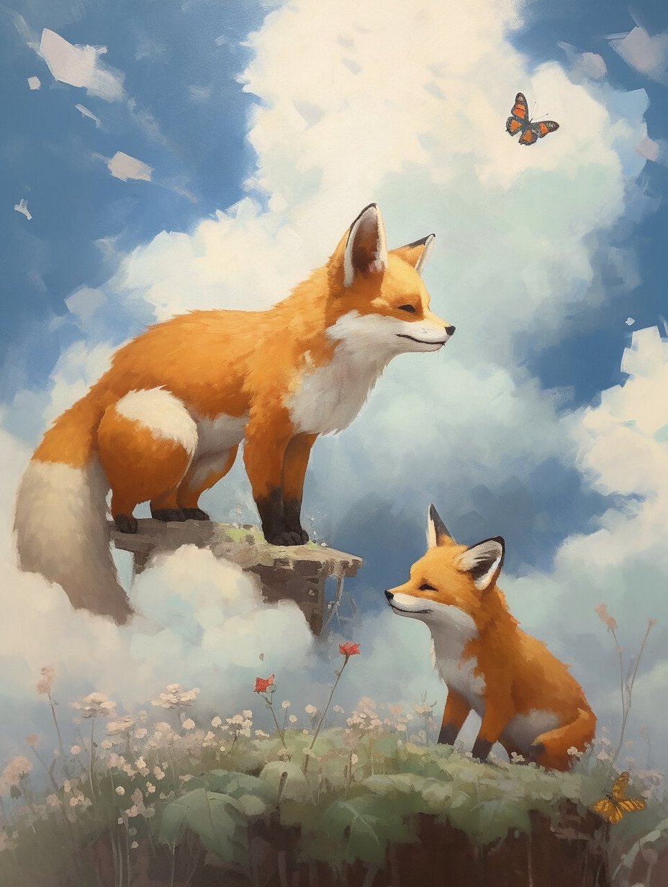 可爱的狐狸 宫崎骏风格的两只狐狸. 	  图片均由midjourney生成.