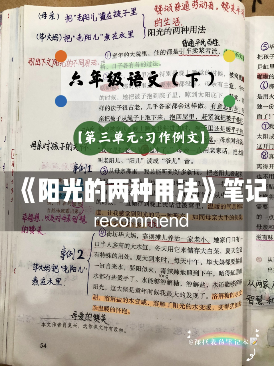 六年级(下)第三单元习作例文61《阳光的两种用法》重点笔记&预习