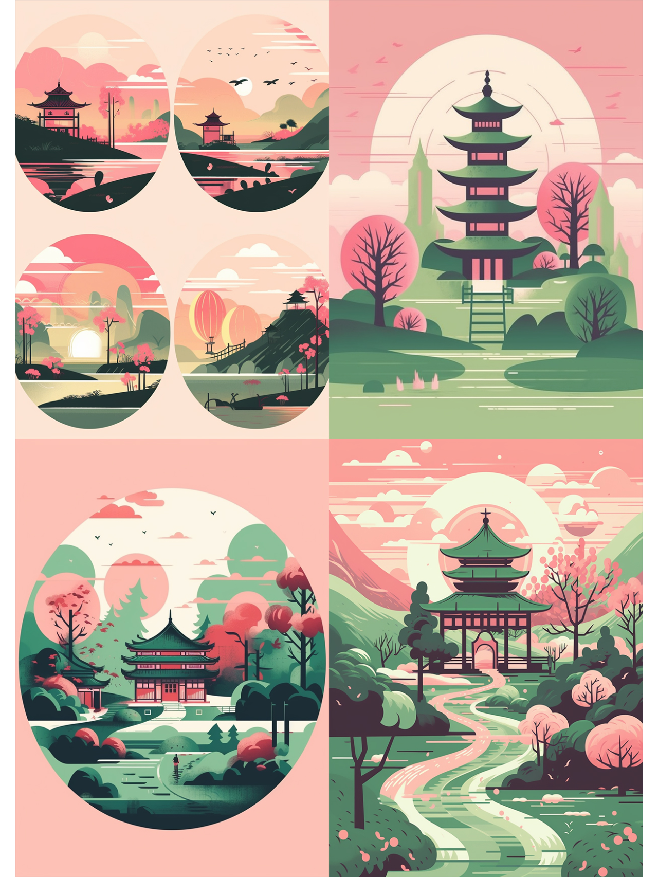 春夏秋冬一年四季城市插画系列合集② 中国城市建筑风景扁平插画合集