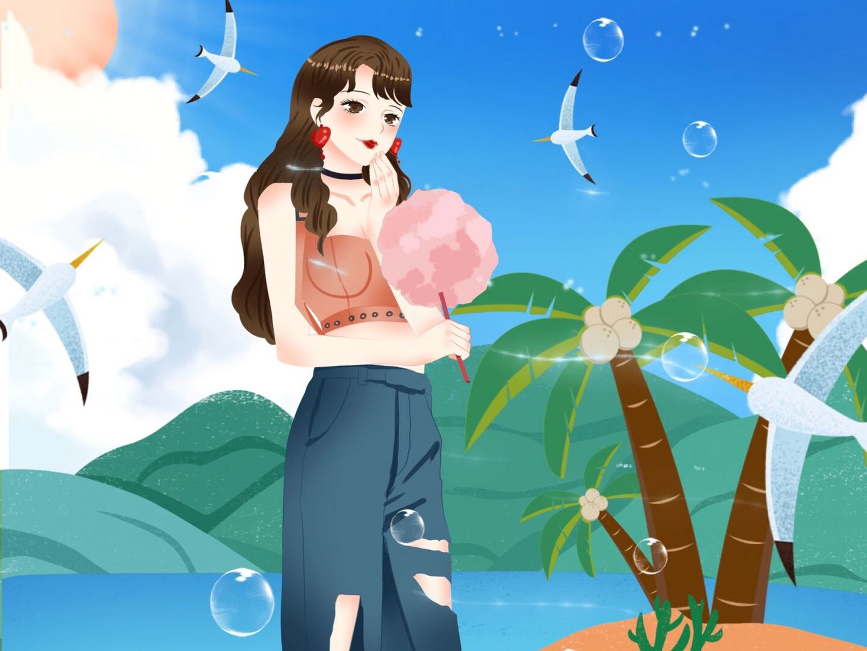 插画|小清新风格初夏插画 顺风而下,骑行在山路上72 贪婪的吸收山间